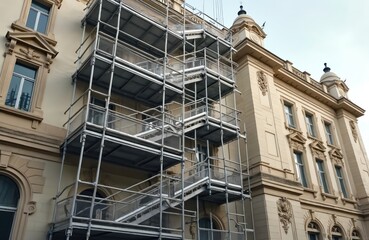 Fototapeta premium Scaffolding covers historic stone building undergoing restoration, renovation. Metal frame construction surrounds facades undergoing repair, maintenance. Workers active in city, rebuilding old