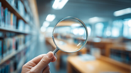 A magnifying glass in a library corridor to depict research and discovery, symbolizing curiosity, accurate inquiry, and evidence based learning and study.
