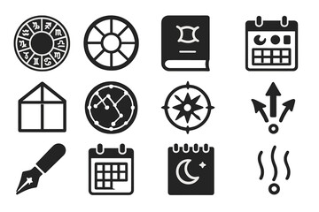 Horoscope Tools Icons. Solid style icons of Horoscope Tools: zodiac chart, natal wheel, ephemeris book, planetary calendar, house