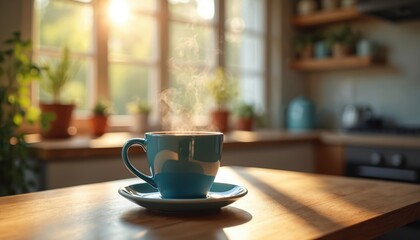 Fototapeta premium Steaming coffee cup on wooden kitchen counter in morning. Warm drink on saucer at home. Hot beverage, morning drink, breakfast. Cozy atmosphere, sunlight on window, home decor.