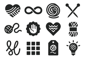 Knitting Symbol Icons. Solid style icons of Knitting symbols and icons: heart with yarn, infinity thread, yarn swirl, needles