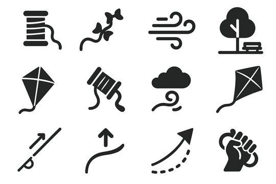 Kite Flying Essentials. Solid style icons of Kite flying essentials: string, tail, wind, park, kite frame, spool reel, sky swirl,