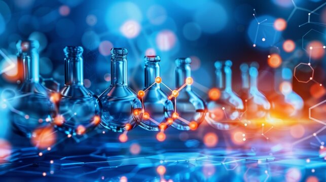 3d illustration of chemistry concepts set against a blue background for laboratory science themes - Powered by Adobe