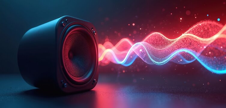 Speaker emits vibrant sound waves, illustrating physics concepts like doppler effect, waveform distortion. Visualizes audio frequency, motion with glowing red, blue lines against dark, sparkling