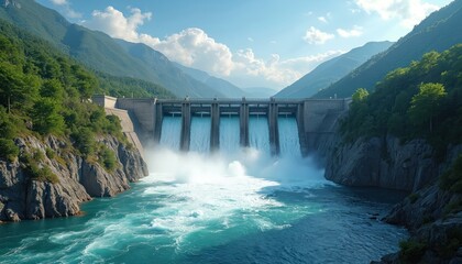 Fototapeta premium Massive hydroelectric dam with water turbines generates clean energy. Powerful water flow cascades from reservoir into river below. Surrounded by green mountains, industrial marvel renewable power