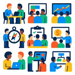 Vibrant Business Icons. Flat vector icons of business meeting: client onboarding at office table, team around digital whiteboard,