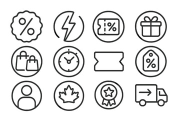 Promotions Line Icons. Line style round icons of promotions and sales: discount badge, flash sale, coupon code, special offer;