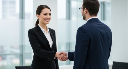Businesswoman and businessman shaking hands in an office setting smiling.