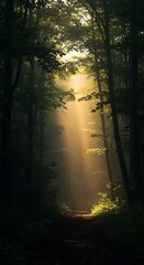 Fototapeta premium Sunlight streaming through trees in a tranquil forest setting