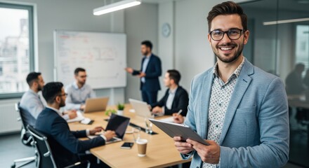 Man smiles holding tablet in office meeting room with colleagues visible.