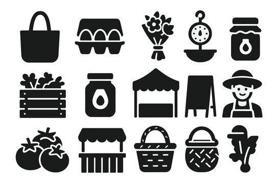 Farmers Market Icons. Solid style icons of Farmers Market: canvas tote bag, carton of fresh eggs, hand-tied bouquet, hanging scale - Powered by Adobe