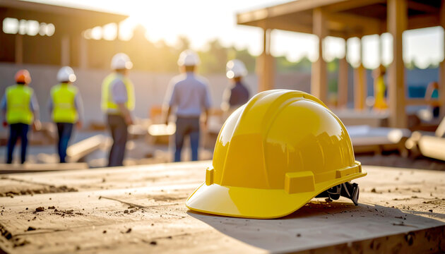 Im Vordergrund ein Bauhelm, Hintergrund Baustelle mit Bauarbeitern 