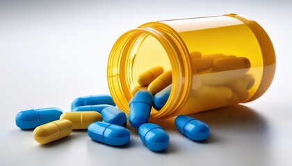 open yellow pill container spilling blue and yellow tablets onto a white surface highlighting prescription medications in healthcare