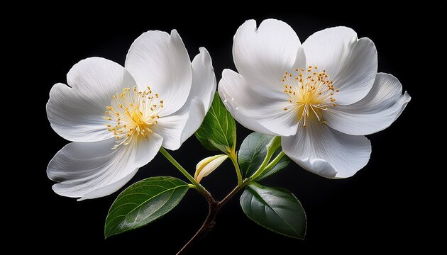 two delicate white flowers with green leaves blooming gracefully on a stem background removed - Powered by Adobe