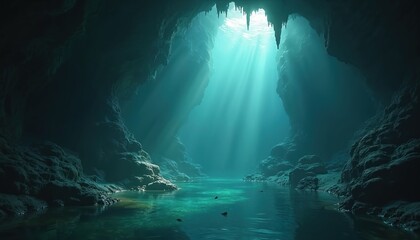 Obraz premium Submerged cavern interior, glowing sunlight beams through water. Blue, green tones. Aquatic life, fish visible in deep sea cave. Exploration, mystery, ancient rock formations.