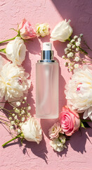 Elegant composition of facial toner bottle on pastel pink textured surface, surrounded by natural flowers, sunlight reflection, modern and feminine skincare aesthetic.