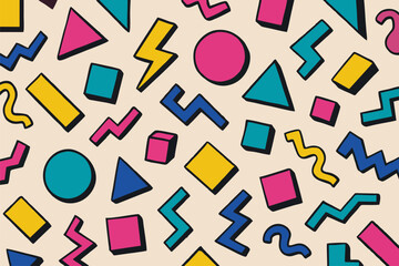 Retro 80s geometric pattern with colorful zigzags, triangles, circles, and squares on a light beige, textured background