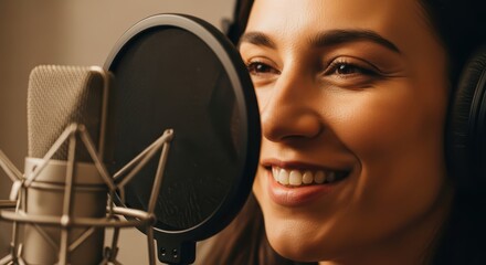 Young adult caucasian female recording podcast with microphone and headphones