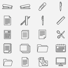 Office Supplies Icon Set Illustrative collection of essential stationery and equipment in a linear design