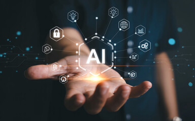 Fototapeta premium Human Hand Presenting AI Core Technology for Digital Business Transformation Core, Web, Interface, Presentation, Software, Programming, Algorithm, Cyber, Brain, Mind, Industry, Finance, Communication,