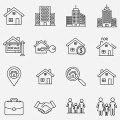 Real Estate Vector Icons Set Buildings, Houses, Family, Handshake, Briefcase in Line Style