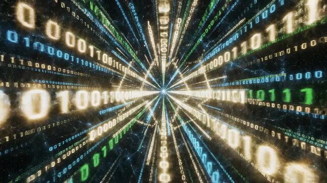 Abstract Digital Space with Glowing Binary Streams and Highlighted Data Points, AI Neural Network Visualization.