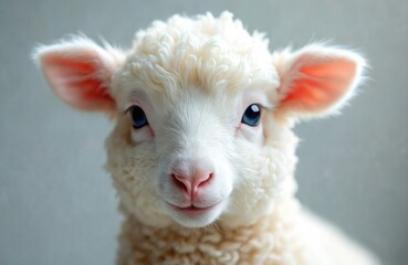 Fototapeta premium Adorable fluffy white lamb portrait. Young farm animal with soft wool and innocent blue eyes. Delicate creature with gentle expression, perfect for spring or agriculture themes.