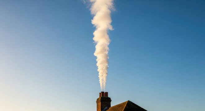 Smoke rising from chimney against clear blue sky at sunset