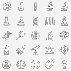 Science and Technology Icons Atom, Flasks, DNA, Microscope, Brain, Rocket, Telescope, Magnet, and More