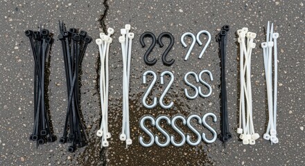 Organized assortment of black and white cable ties and metal hooks on concrete surface