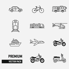 Transportation Icons Car, Bicycle, Bus, Train, Helicopter, Ship, Airplane, Motorcycle, and Scooter Vector Pack