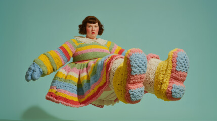 A chubby woman flying in oversized colorful crocheted striped outfit with giant handmade boots, surreal retro humor playful fashion artistic statement