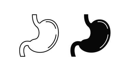Fototapeta premium Two stylized icons representing the human stomach, one outlined and one filled in black.