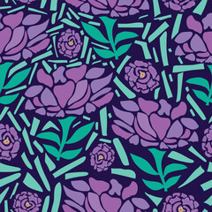 purple tints and shades flowers with green branches on dark bluish background seamless pattern. Glass like petals flowers on dark bluish wallpaper seamless pattern. Good for textile, fabric.