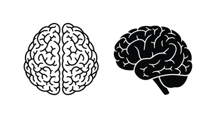 Two graphic illustrations of the human brain, one a top-down outline and the other a side-view silhouette.