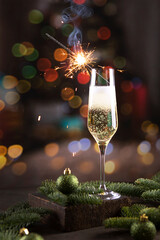 Sparkler in champagne glass. Glass of champagne. Sparkling wine in glass. Celebration with a glass of champagne. Happy New Year greetings. New Year card.