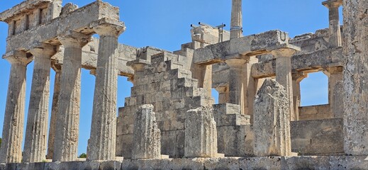 Fototapeta premium The Temple of Aphaia, is an Ancient Greek temple located within a sanctuary complex dedicated to the goddess Aphaia on the island of Aegina, which lies in the Saronic Gulf.