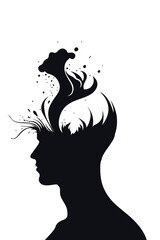 Abstract silhouette of a human head with splash and wave elements symbolizing imagination, inspiration, and mental energy. Creative concept of thoughts, ideas, and mind flow.