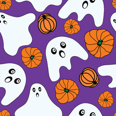 Halloween funny ghost with orange pumpkins on purple background seamless pattern. It is good for fabric, decorations, wrapping, clothing, printable and more.