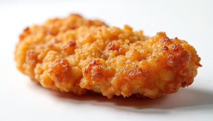 Crispy fried chicken tender with perfectly seasoned golden crust, ultra-sharp details, isolated on white background. Delicious meal, great for fast food menus, promoting tasty lunch or dinner options.