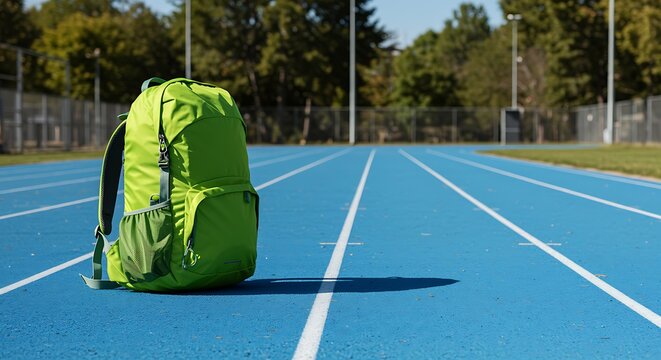 A bright green backpack rests on a blue running track with green trees in the background