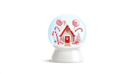 Gingerbread house snow globe with candy canes and a small Christmas tree inside on white