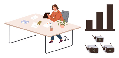 Woman working at desk with tablet, documents, plant, stationery accompanied by analytics chart and productivity tools. Ideal for business, strategy, technology, focus, growth productivity