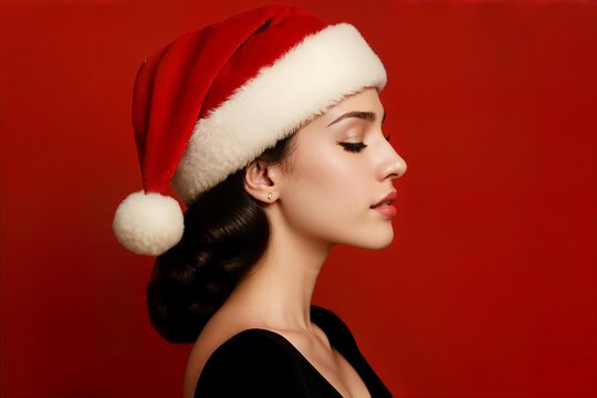 Elegant woman wearing Santa hat and black dress on red background, classic Christmas portrait with soft lighting and festive mood.