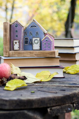 Whimsical miniature book village on a weathered wooden table, highlighted with an apple and autumn...