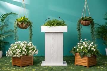 Elegant white podium surrounded by lush green plants and blooming flowers