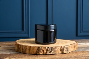 Dark glass jar with black lid on a wooden slice against a blue background