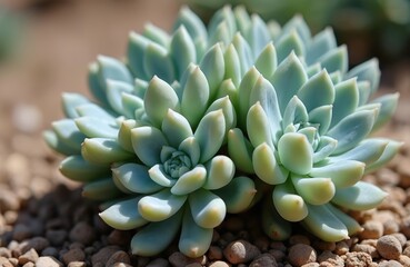 Obraz premium Close-up of Graptoveria Opalina succulent plant. Rosettes of thick smooth leaves in turquoise green. Arid plants, botanical beauty, summer garden, spring flora, desert nature.