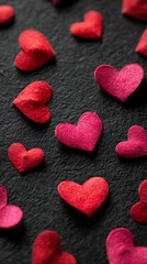 Obraz premium Colorful Felt Hearts Scattered on a Dark Background for a Creative Decoration Idea