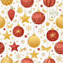 Festive Christmas Ornament Pattern with Red and Gold Baubles, Stars, and Snowflakes for Holiday Decor